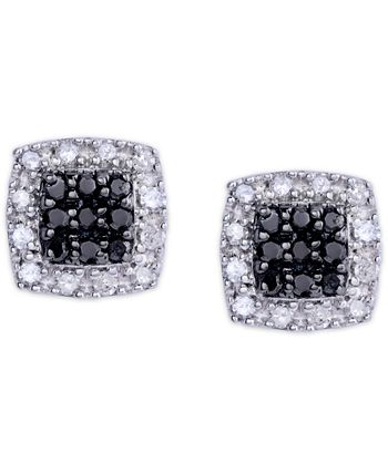 Macy's - Black and White Diamond (1/3 ct. t.w.) Cushion Square Stud Earrings in Sterling Silver