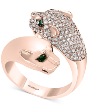 image of Effy Diamond (7/8 ct. t.w.) & Emerald (1/10 ct. t.w.) Big Cat Bypass Statement Ring in 14k Rose Gold