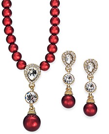 Cubic Zirconia and Imitation Pearl Lariat Necklace & Drop Earrings Boxed Set, Created for Macy's 