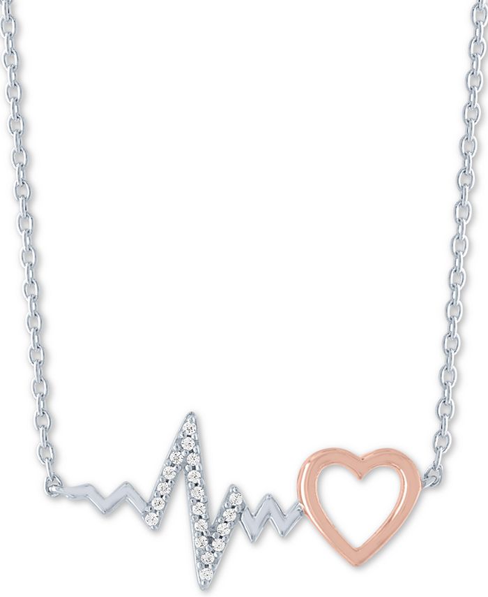 Macy's - Diamond Accent Heartbeat 18" Pendant Necklace in Sterling Silver & 14k Rose Gold-Plate