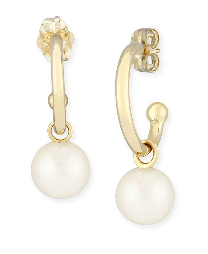 Macy's - Pearl (6 mm) Drop Hoop Earrings Set in 14k Yellow Gold