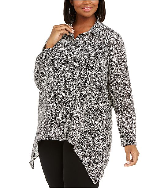 Michael Kors Plus Size Printed Button Front Handkerchief Hem Top