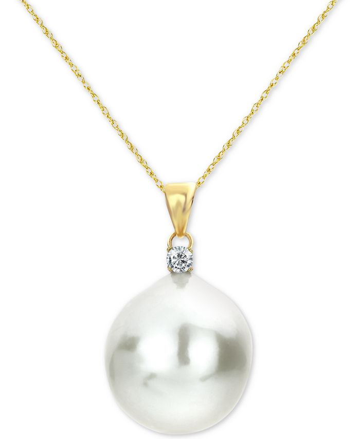 Macy's - Cultured Baroque Freshwater Pearl (12mm) & Diamond (1/20 ct. t.w.) 18" Pendant Necklace in 14k Gold