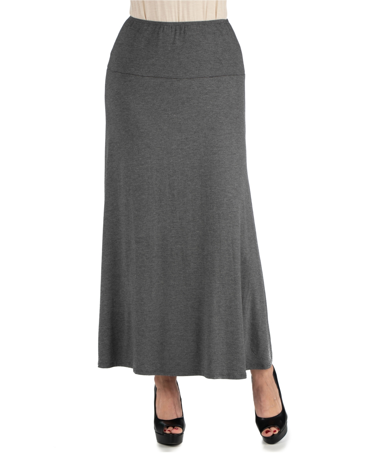 Women Elastic Waist Solid Color Maxi Skirt - Wine