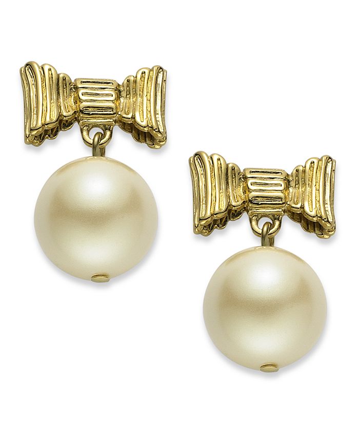 kate spade new york - Earrings, 12k Gold-Plated Glass Pearl and Bow Drop Earrings (14mm)