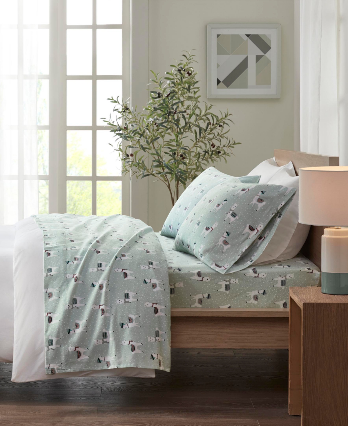 Sleep Philosophy True North By  Novelty Printed Cotton Flannel 3-pc. Sheet Set, Twin Bedding In Seafoam Llama