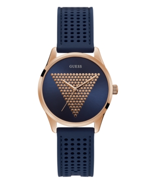 image of Guess Unisex Rose Gold-Tone and Blue Silicone Logo Watch, 36mm