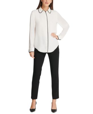 Petite Piped-Trim Button-Up Blouse, Created for Macy's