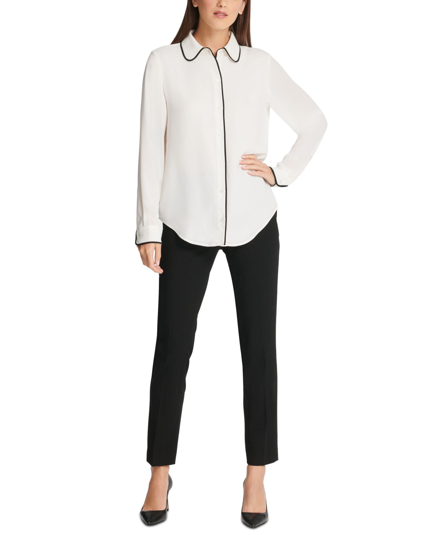 Женская блузка DKNY Petite Piped-Trim Button-Up Blouse, цвет: Льняной белый / Чёрный — фото 7
