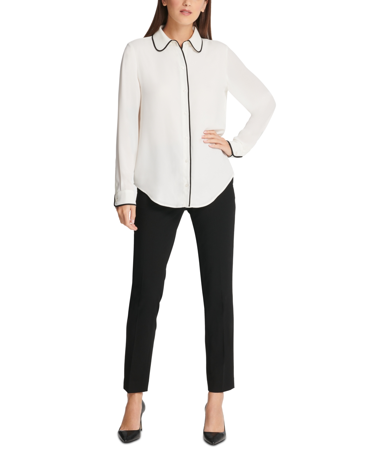 Dkny Petite Piped-Trim Button-Up Blouse, Created for Macy's -Black