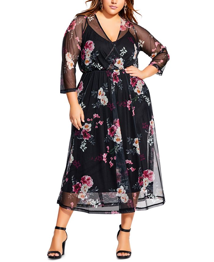 City Chic Trendy Plus Size Faux-Wrap Sheer-Overlay Dress - Macy's