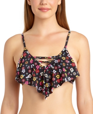 image of California Waves Juniors- Floral Flounce Bikini Top, Available in D/Dd, Created for Macy-s Women-s Swimsuit