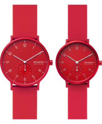 Skagen Unisex Aaren Kulor Red Silicone Strap Watches 41mm & 36mm Gift Set