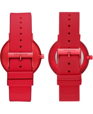 Skagen Unisex Aaren Kulor Red Silicone Strap Watches 41mm & 36mm Gift Set