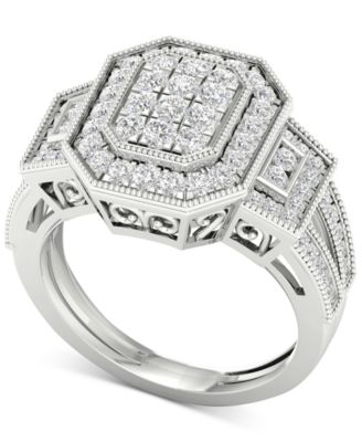 Macy's - Diamond Octagon Halo Cluster Filigree Statement Ring (1 ct. t.w.) in 10k White Gold
