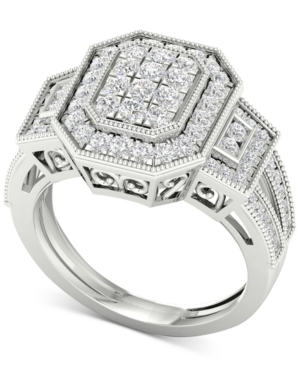 image of Diamond Octagon Halo Cluster Filigree Statement Ring (1 ct. t.w.) in 10k White Gold