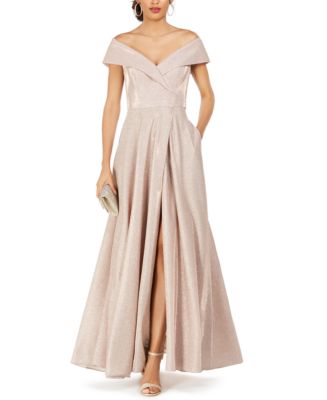 XSCAPE Women's Off-The-Shoulder Shimmer Wrap Style Gown - Macy's