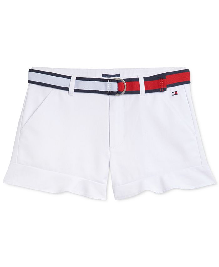 Tommy Hilfiger Girls 5-Pocket Belted Shorts Zipper Closure & Detachable Belt Ruffle Trim & Embroidered Logo