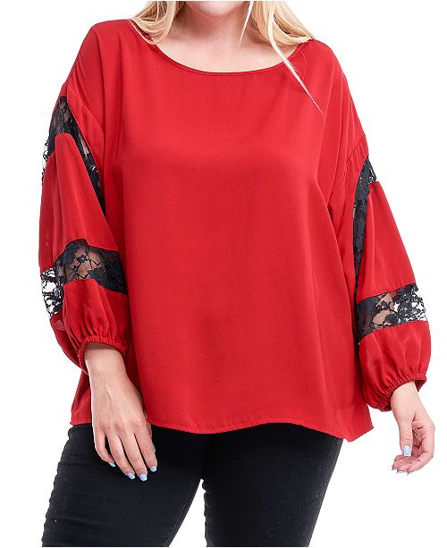 Fever Plus Size Lace Trim Blouson Sleeve Top Reviews Tops