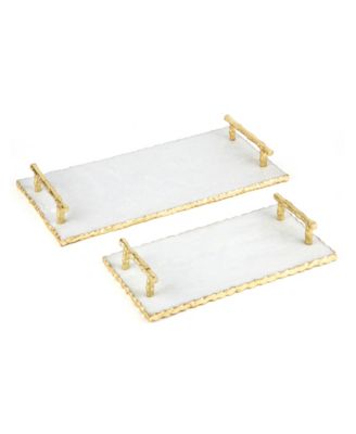 Two's Company - Set of 2 Marble Trays with Golden Edge and Bamboo Handles food safe, variations in the marble are natural characteristics of the genuine stone - Marble/Aluminum