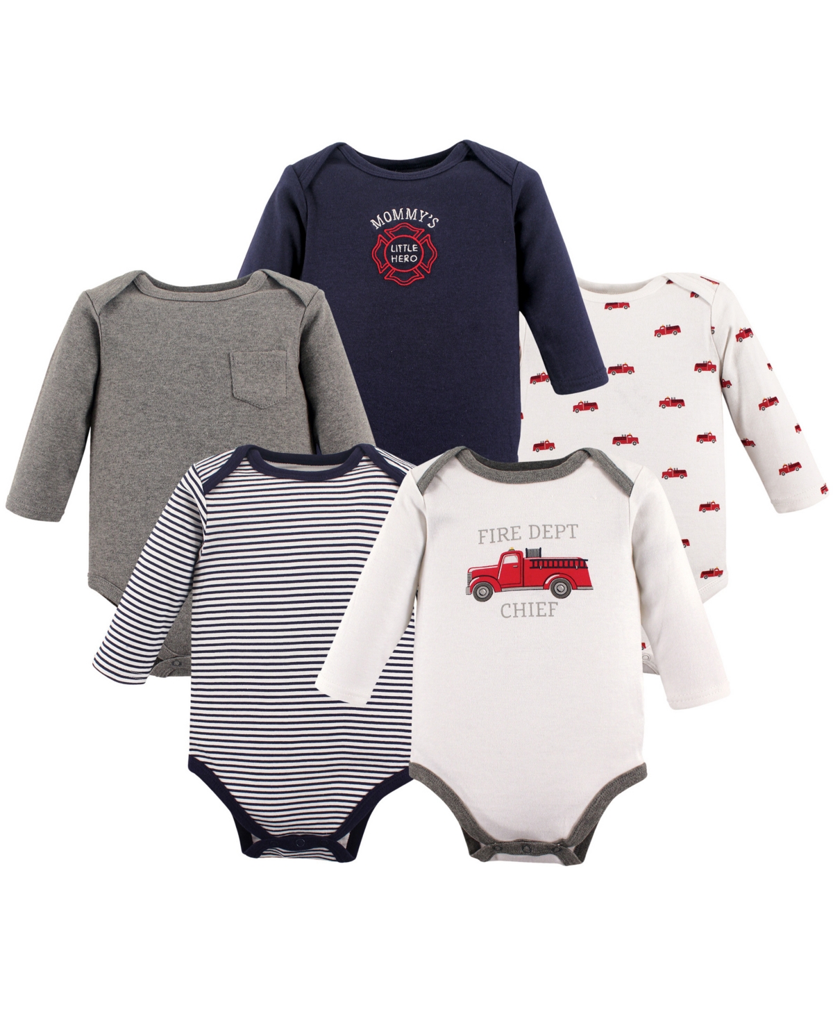 Hudson Baby Baby Boys Hudson Cotton Long-Sleeve Bodysuits 5pk, Fire Truck, 12-18 Months - Fire truck