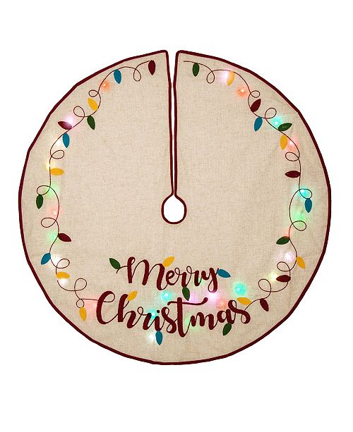 Glitzhome LED Embroidered Linen Christmas Tree Skirt Merry Christmas