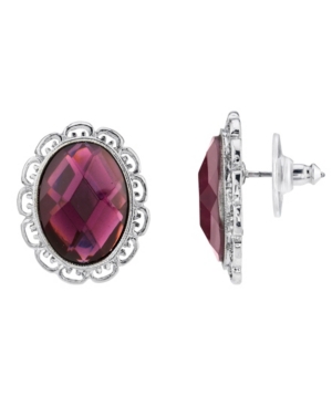 image of 2028 Silver-Tone Stone Faceted Oval Button Earrings