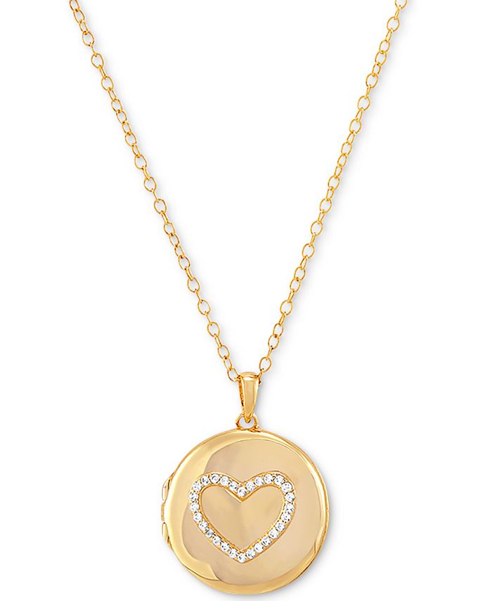 Macy's - Cubic Zirconia Heart Single Frame Locket 18" Pendant Necklace Gold-Plated Sterling Silver
