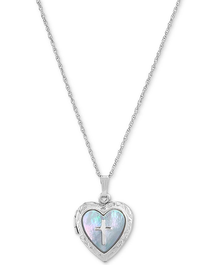 Macy's - Mother-of-Pearl Cross Heart Locket 18" Pendant Necklace in Sterling Silver