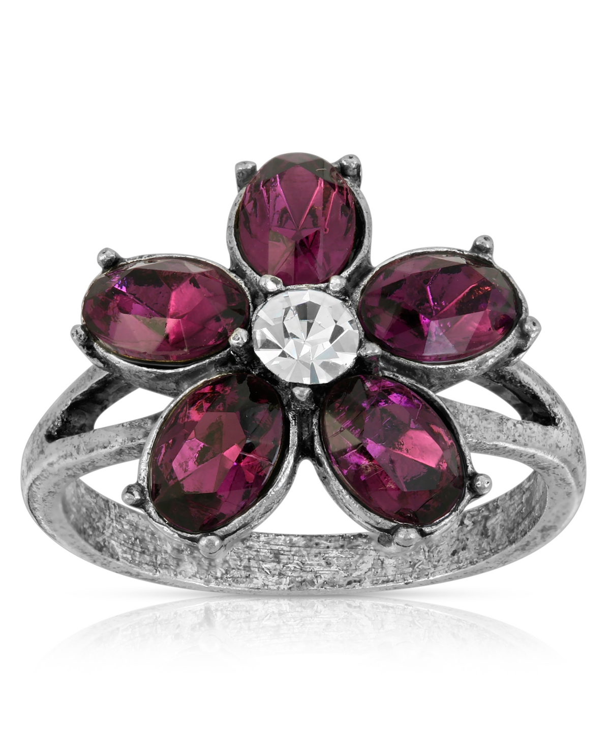 2028 Pewter And Clear Crystal Floral Ring In Purple