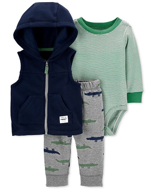 Carter S Baby Boys 3 Pc Alligator Fleece Vest Striped Bodysuit