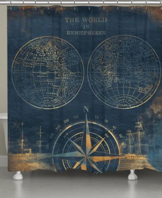 Laural Home - Golden Comp Blue World Map Shower Curtain