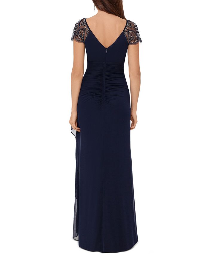 xscape cap sleeve beaded ruched gown