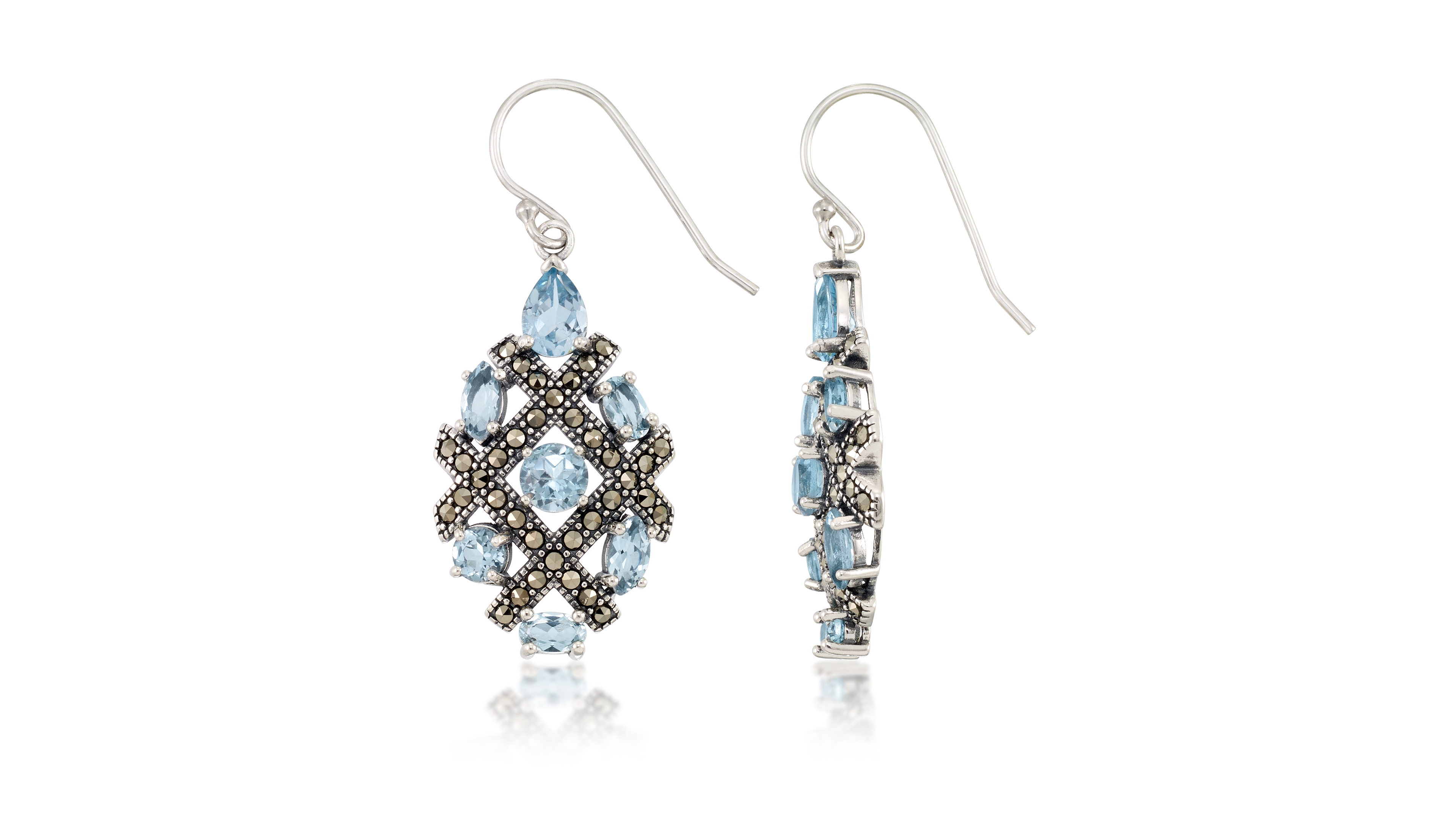 Marcasite and Blue Topaz (6 ct. t.w.) Drop Wire Earrings in Sterling Silver