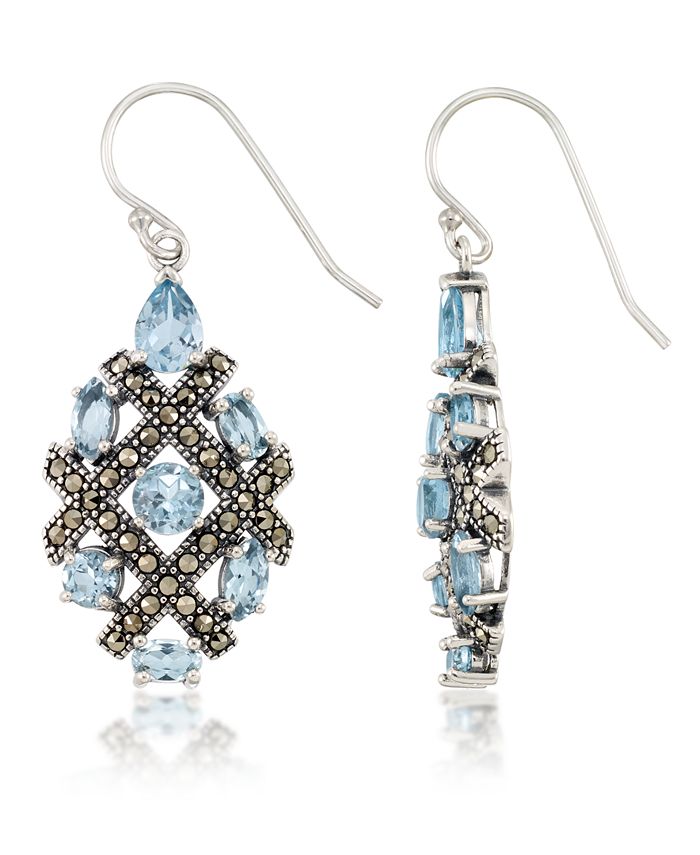 Macy's - Marcasite and Blue Topaz (6 ct. t.w.)  Drop Wire Earrings in Sterling Silver