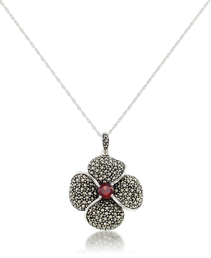Macy's - Marcasite and Garnet (9/10 ct.t .w.)  Pave Flower Pendant+18" Chain in Sterling Silver