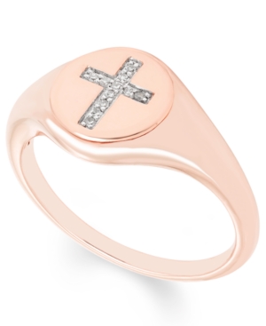 image of Diamond Accent Cross Signet Ring in 14k Yellow or Rose Gold