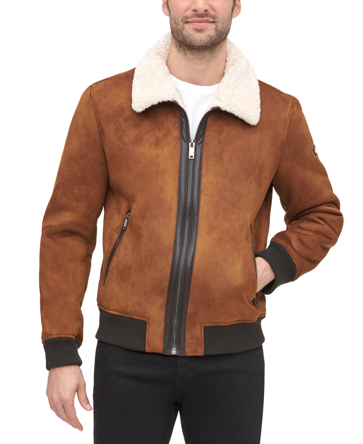 Men's Faux Shearling Bomber Jacket with Faux Fur Collar, Created for Macy's - Brown