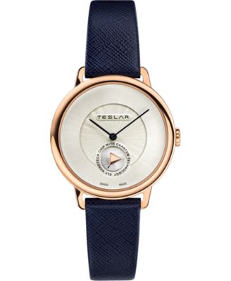 Teslar - Women's Swiss Re-Balance T-1 Blue Leather Strap Watch 36mm