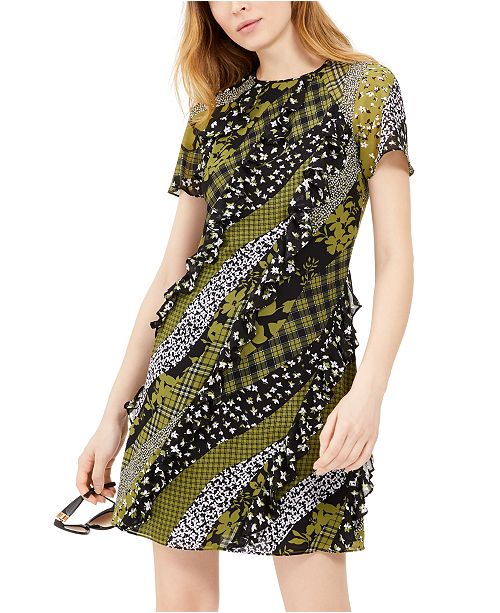 Michael Kors Mixed Print Ruffled Dress Reviews Women Macy S