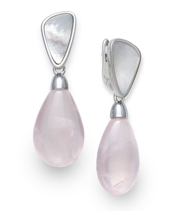 Macy's - Mother of Pearl and Rose Quartz 21x25mm Drop Earrings in Sterling Silver