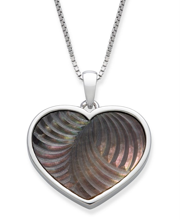 Macy's - Black Mother of Pearl 16x13mm Heart Shaped Pendant with 18" Chain in Sterling Silver