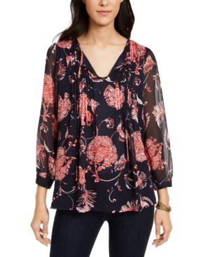 image of Tommy Hilfiger Floral-Print Pintucked Blouse