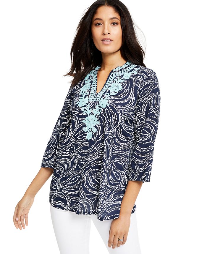 Charter Club Embroidered Printed Split-Neck Top, Created for Macy's ...