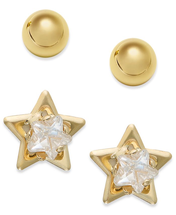 Macy's - 10k Gold Earrings Set, Cubic Zirconia Accent Star and Ball Stud Earrings