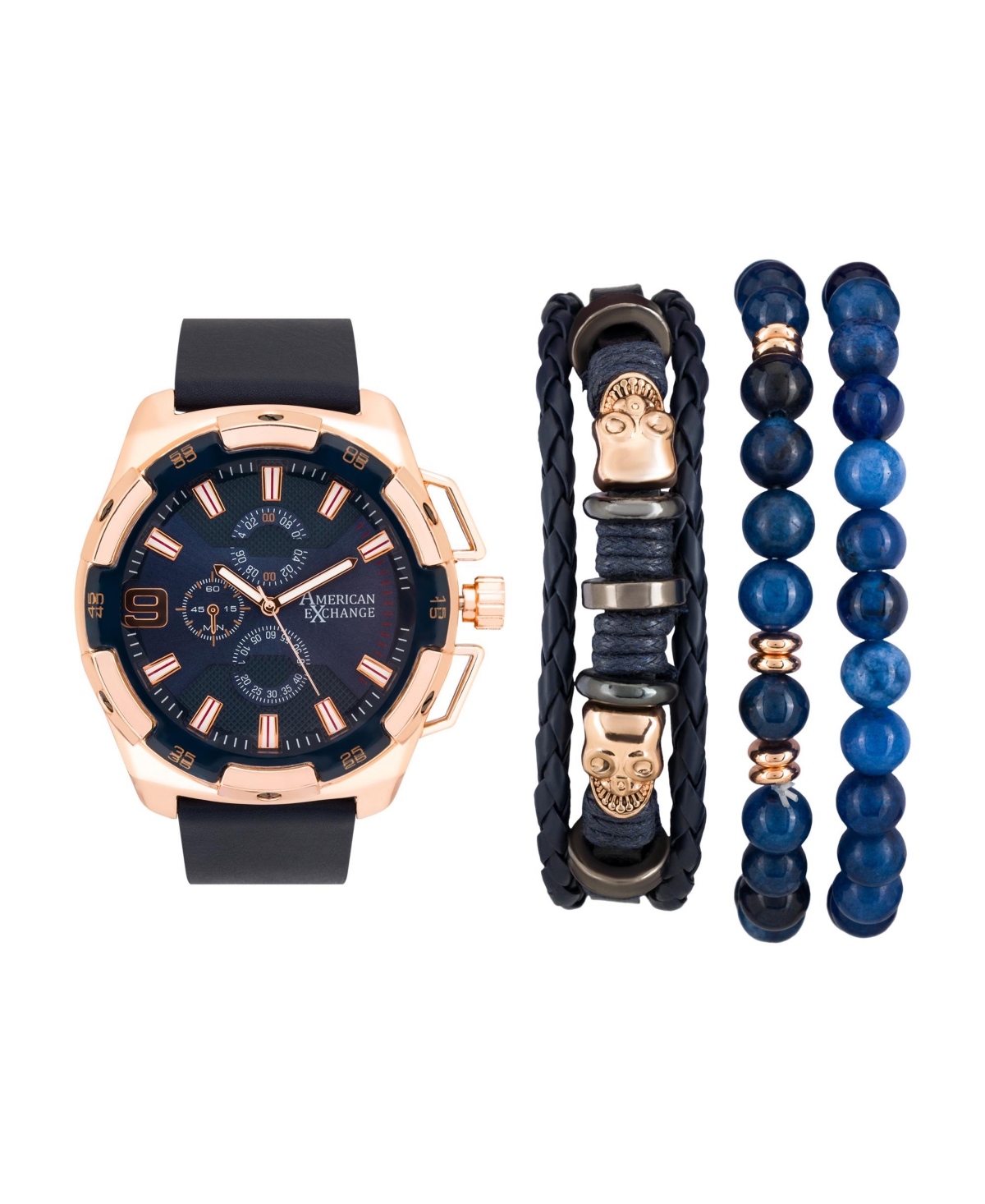 American Exchange Men's Rose Gold/Navy Analog Quartz Watch And Holiday Stackable Gift Set