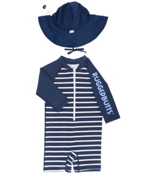 RuggedButts Baby Boys Stripe Rash Guard Bodysuit and Swim Hat Set