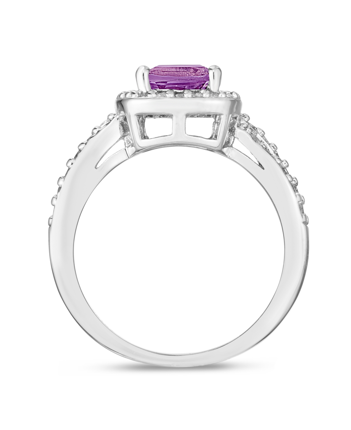 Simulated Birthstone Cushion Cubic Zirconia Halo Solitaire Ring in Silver Plate -Simulated Amethyst