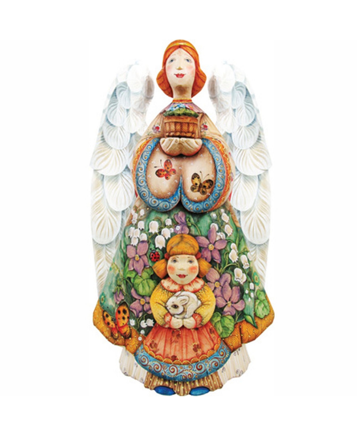 Woodcarved Summer Angel with Girl Santa Figurine - Multi