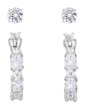 image of Cubic Zirconia 2-Pc. Hoop and Round Stud Earrings in Fine Silver Plate